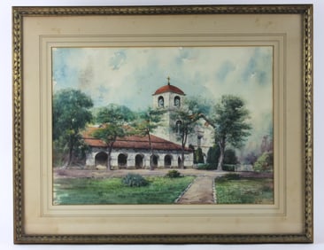 California Mission Church Landscape WC Painting