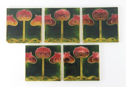 5PC English Majolica Art Nouveau Tiles