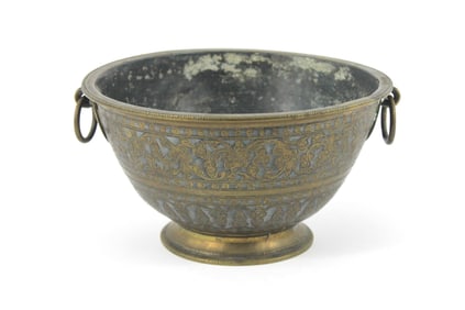 18-19C Asian Bronze Botanical Double Handled Bowl