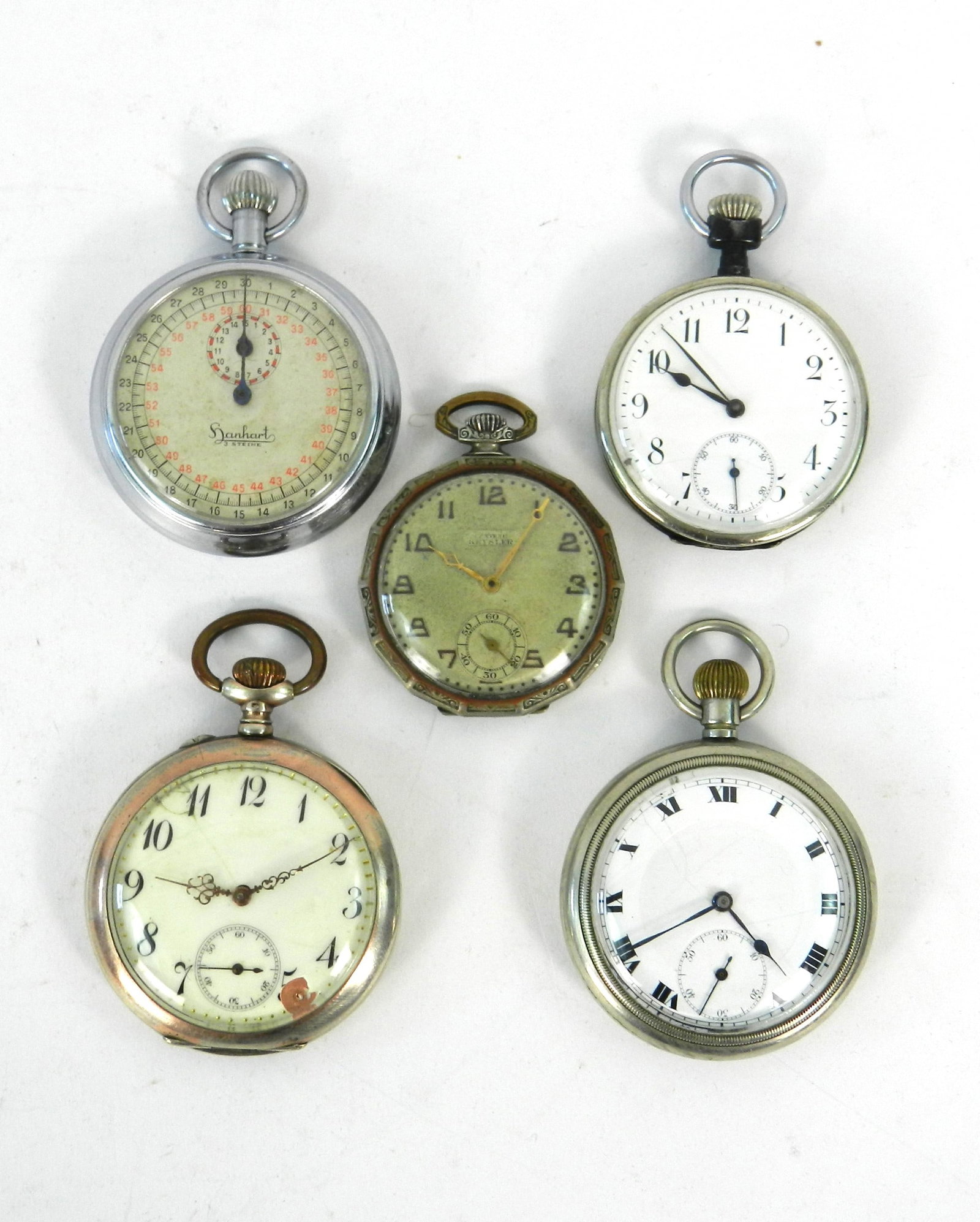 5PC Antique German Military Watches: These antique WWII era watches all have what we feel are post war era engraving. One is a stop watch and all wind with second hand movement. Hitler SS, Panzer Div, Afrika Corps, and dates are stamped