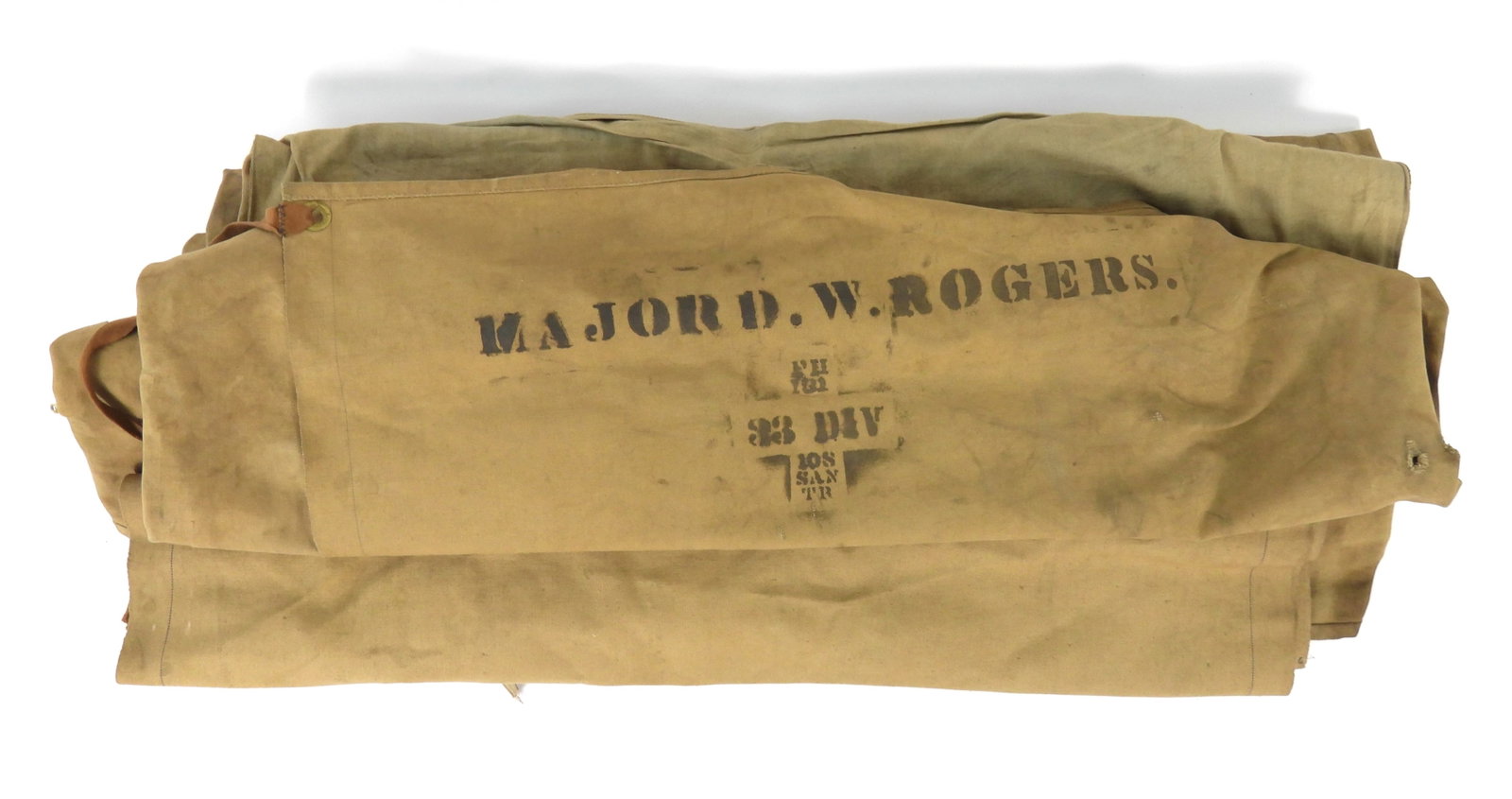 WWI Identified Bed Roll: Canvas bed roll marked in two places "MAJOR D.W. ROGERS/FIELD HOSPITAL 131/108TH SANITARY TRAIN/33RD DIVISION/U.S.A."