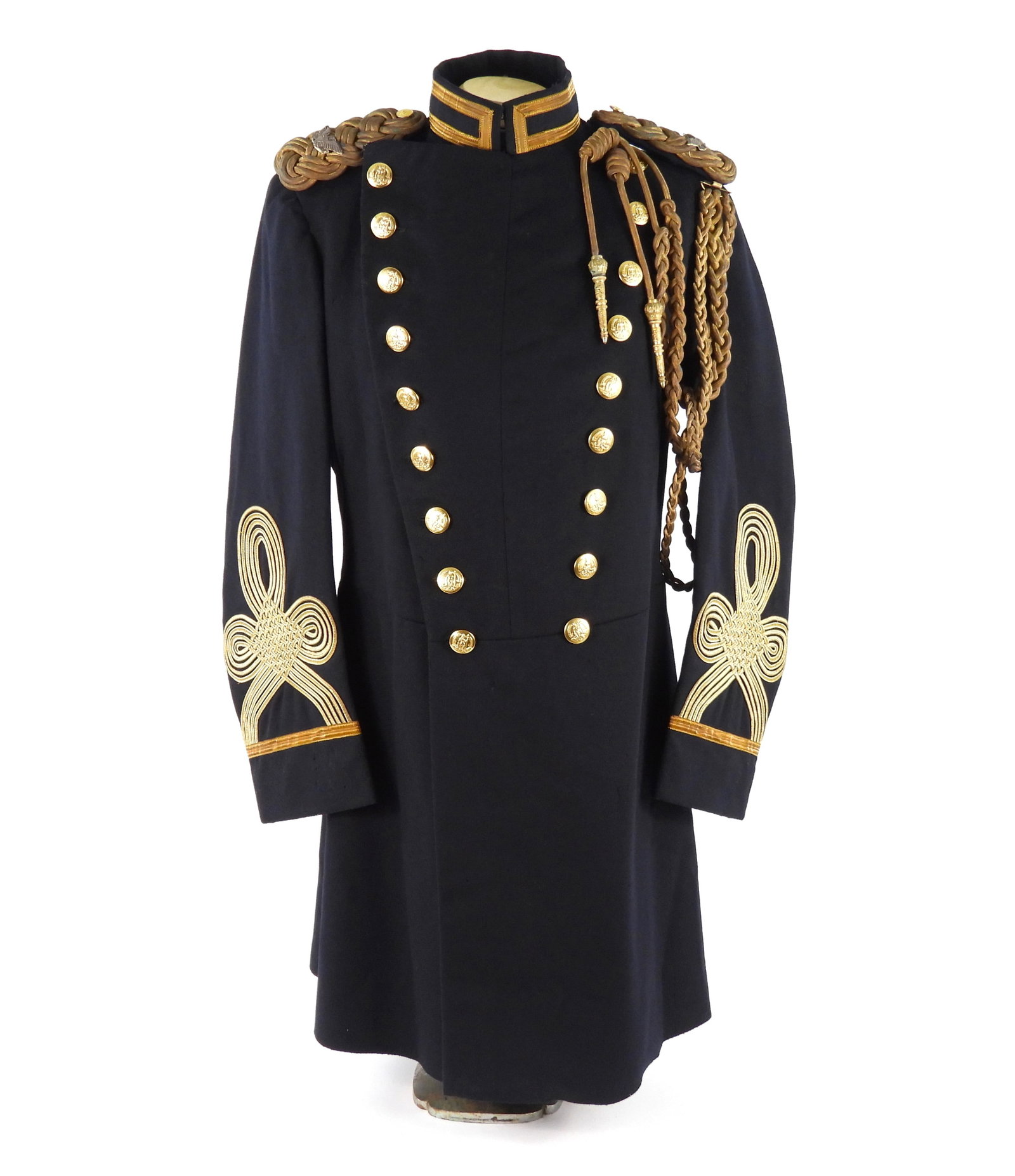 Virginia Double Breasted Colonels Frock Coat: Dark blue superfine broadcloth double breasted frock coat with gold metallic tape on the collar and cuffs, brass Virginia state buttons, officers epaulets with embroidered colonel's insignia, shoulder