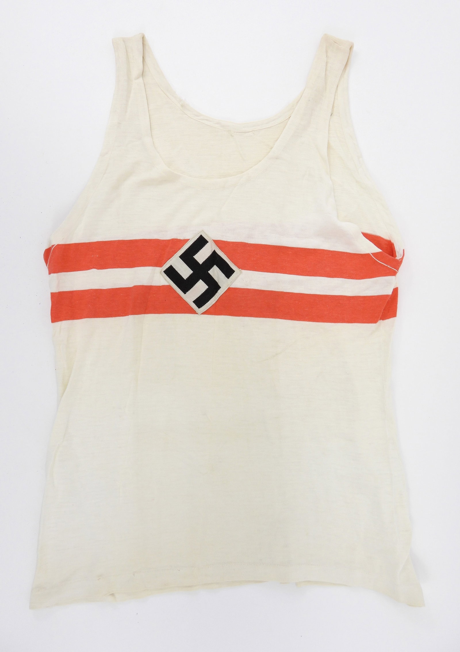 WWII German Hitler Youth Sports Shirt: Ribbed white cotton shirt with two red woven bands, and an applied swastika.
