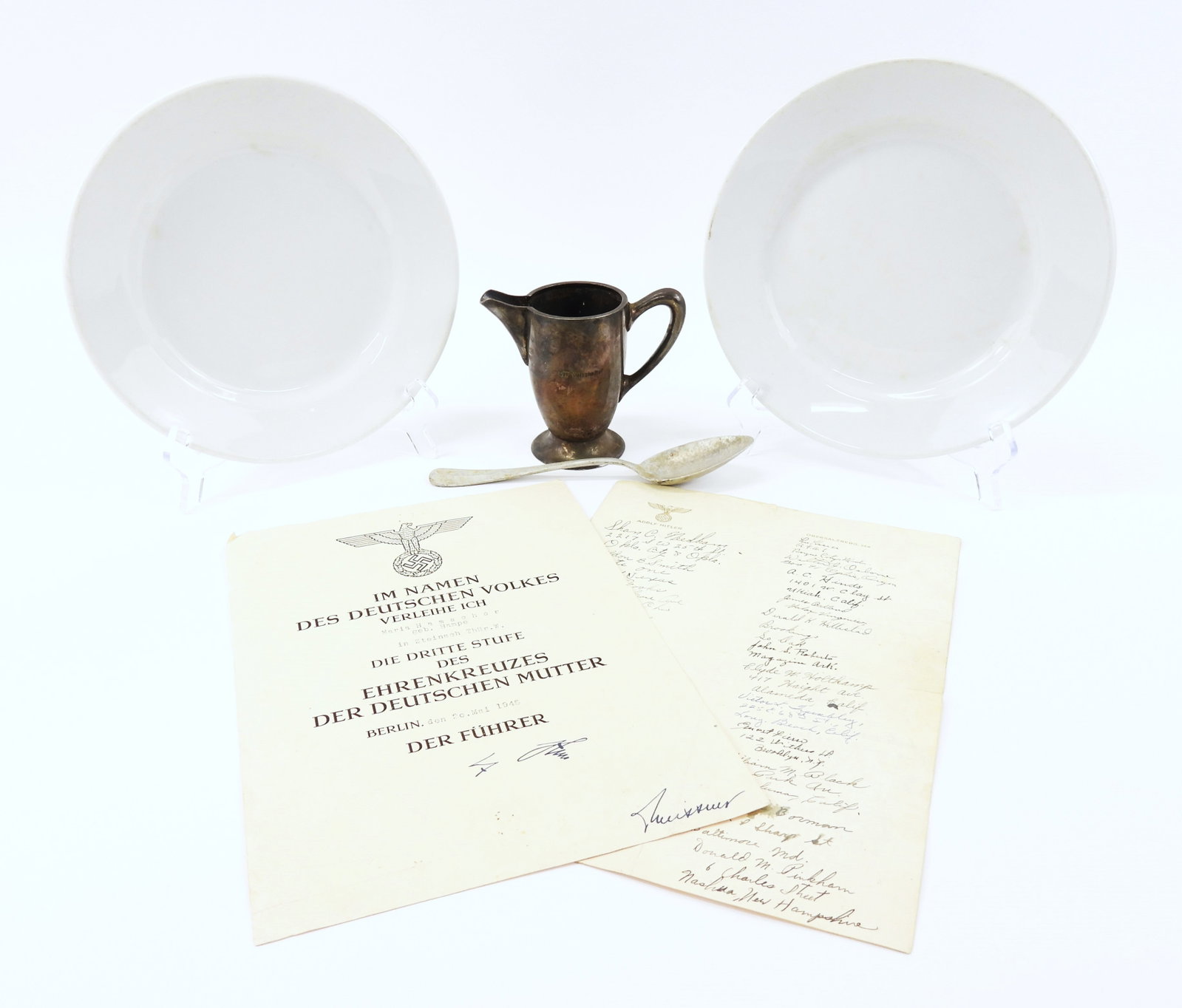 Group of WWII German Items: A creamer marked "Der Deutsche Hof" on the side, with a swastika in a wreath on the bottom, marked "S 0,20L" on the base, marked on the top of the base "GEBR. HEPP 90" (Ht. 4 1/4"); an aluminum spoon 