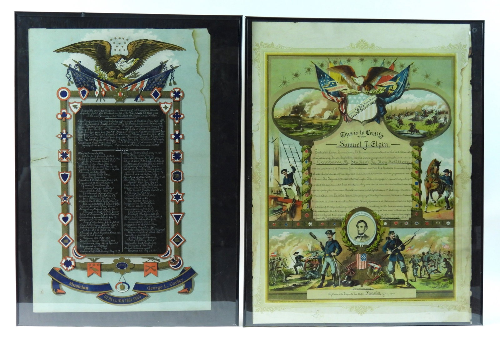 Two Civil War Soldiers Memorials: A printed memorial for George L. Cooley, a musician in the 10th Connecticut Volunteer Infantry, Company F, who served from 1861-1865; and a printed memorial for Samuel J. Elgin, a private in the 5th P