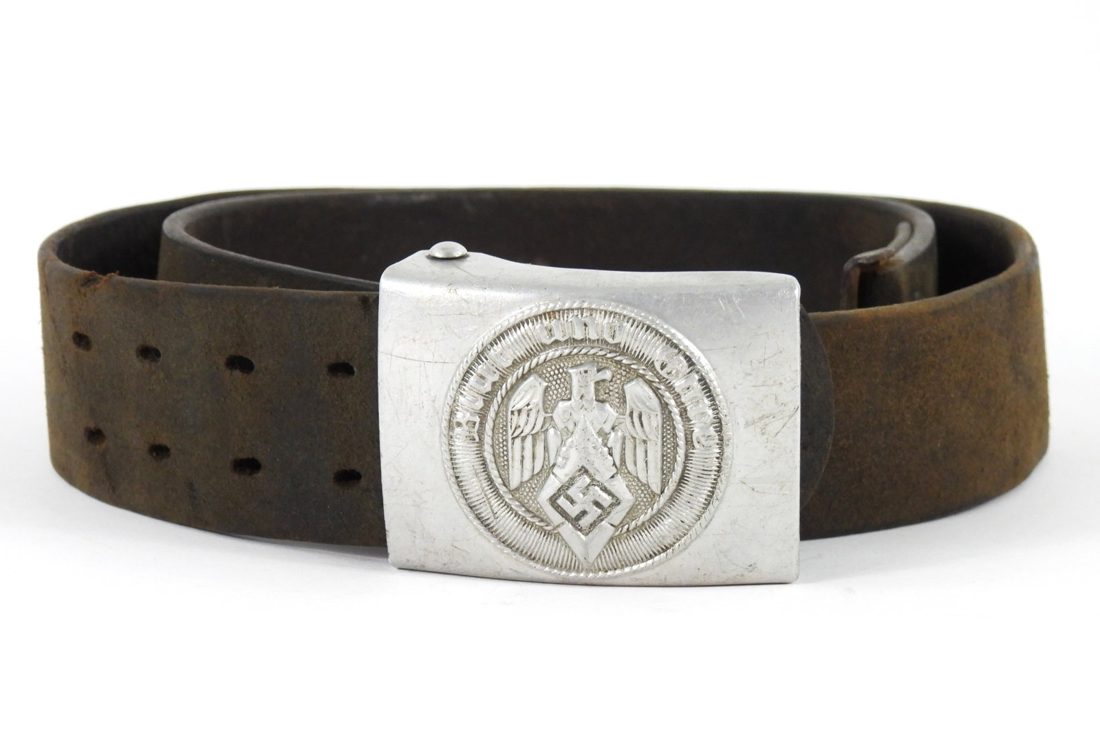 WWII German Hitler Youth Belt and Buckle: Black leather belt stamped "95" on the inside, with an aluminum Hitler Youth buckle.