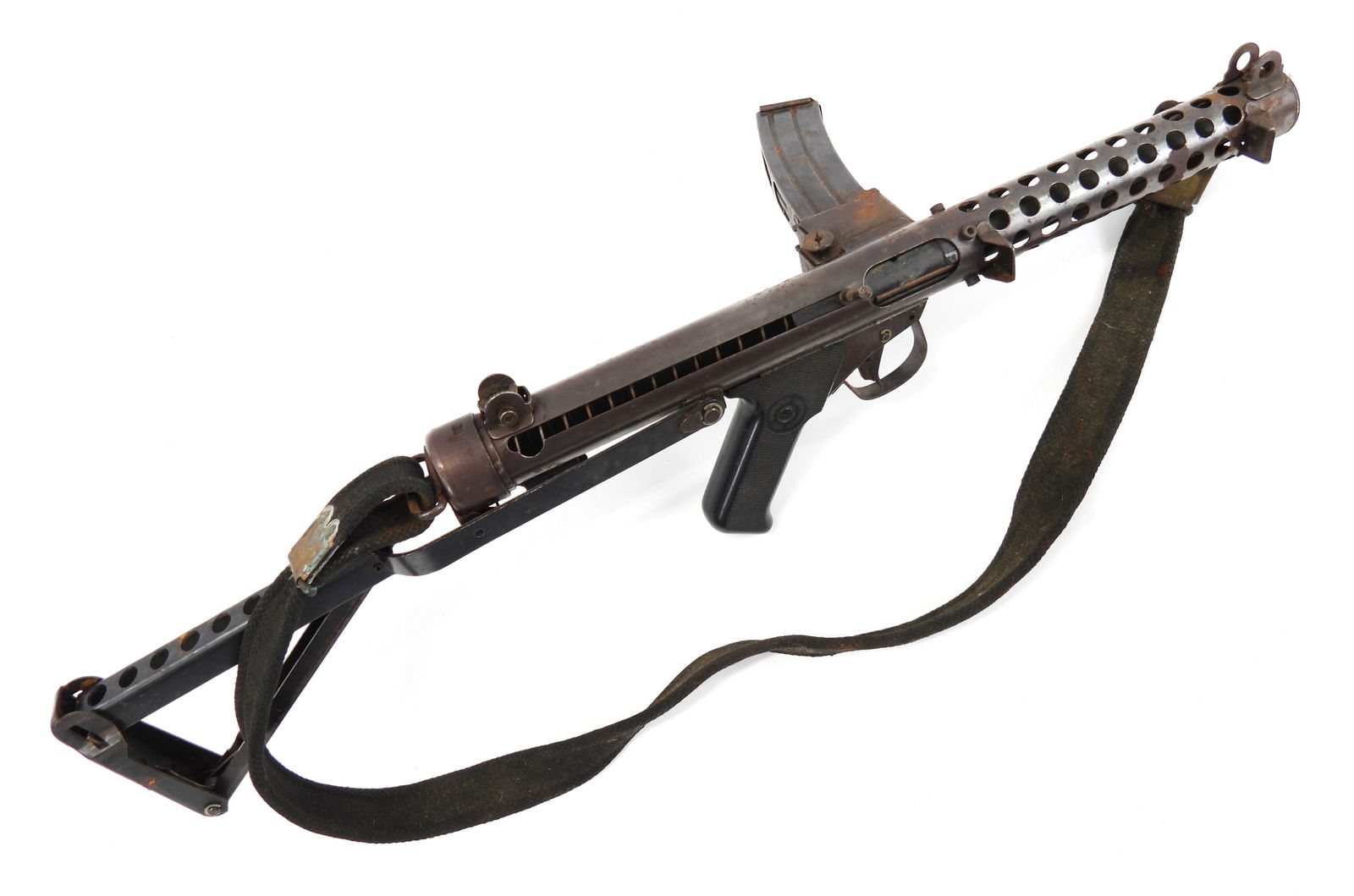 Replica Inert MGC Sterling SMG: Replica inert Sterling sub machine gun with folding stock, blued finish, sling, marked on the left side of the black plastic grip "MGC MODELGUN CORPERATION". Overall lg. 26 1/2"