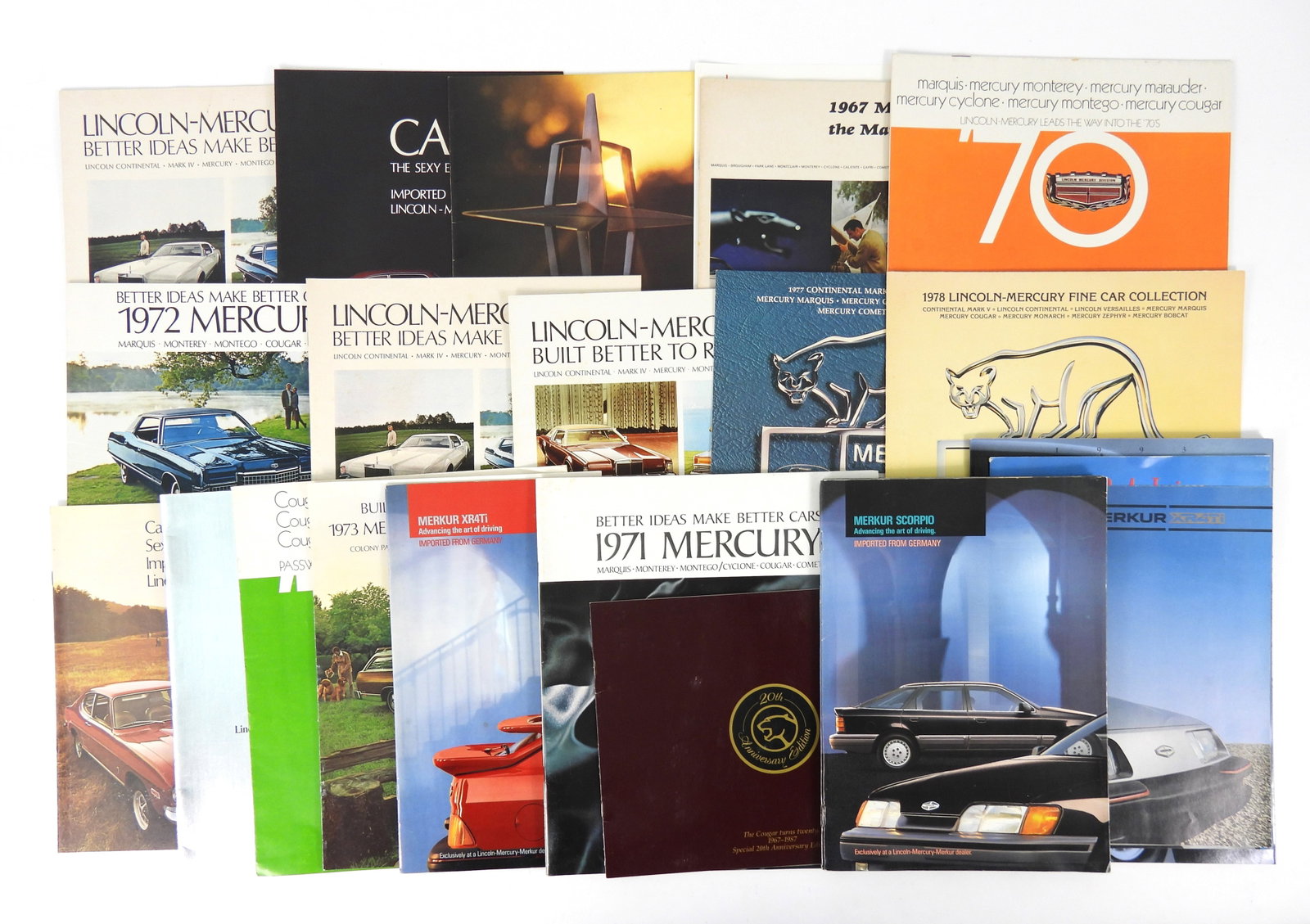 24PC Lincoln Mercury Dealership Brochures: Includes the Continental, Mark IV, VIII, Montego, Cougar, Comet, Capri, Marquis, Park Lane, Montclair, Monterey, Cyclone, Caliente, Station Wagon, Bobcat, Monarch, Merkur, and the Zephyr. Also a 20th 