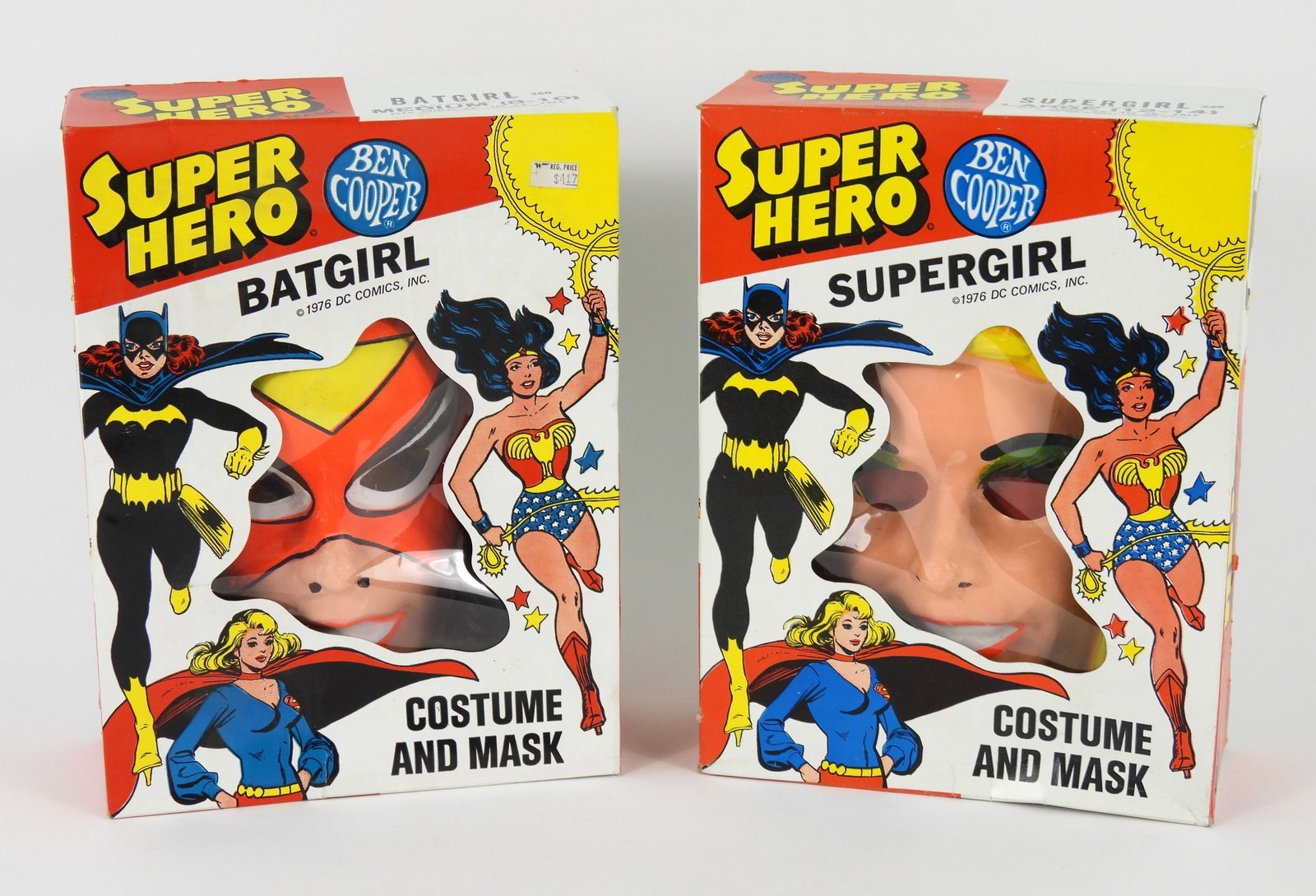 2PC Ben Cooper Supergirl Spider-Girl Costumes: Includes a medium Marvel Comics Spider-Girl Ben Cooper mask and costume in a DC Comics Batgirl box, and a large DC Comics Ben Cooper Supergirl mask and costume in appropriate box. From the collection 