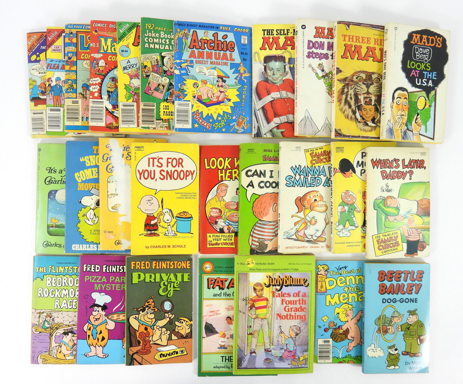27PC MAD Archie Peanuts & Other Books: Includes five "Family Circus" books by Bil Keane, The Very Best of Dennis the Menace #1, "Tales of a Fourth Grade Nothing" by Judy Blume, "Beetle Bailey Dog-Gone" by Mort Walker, three "The Flintstone