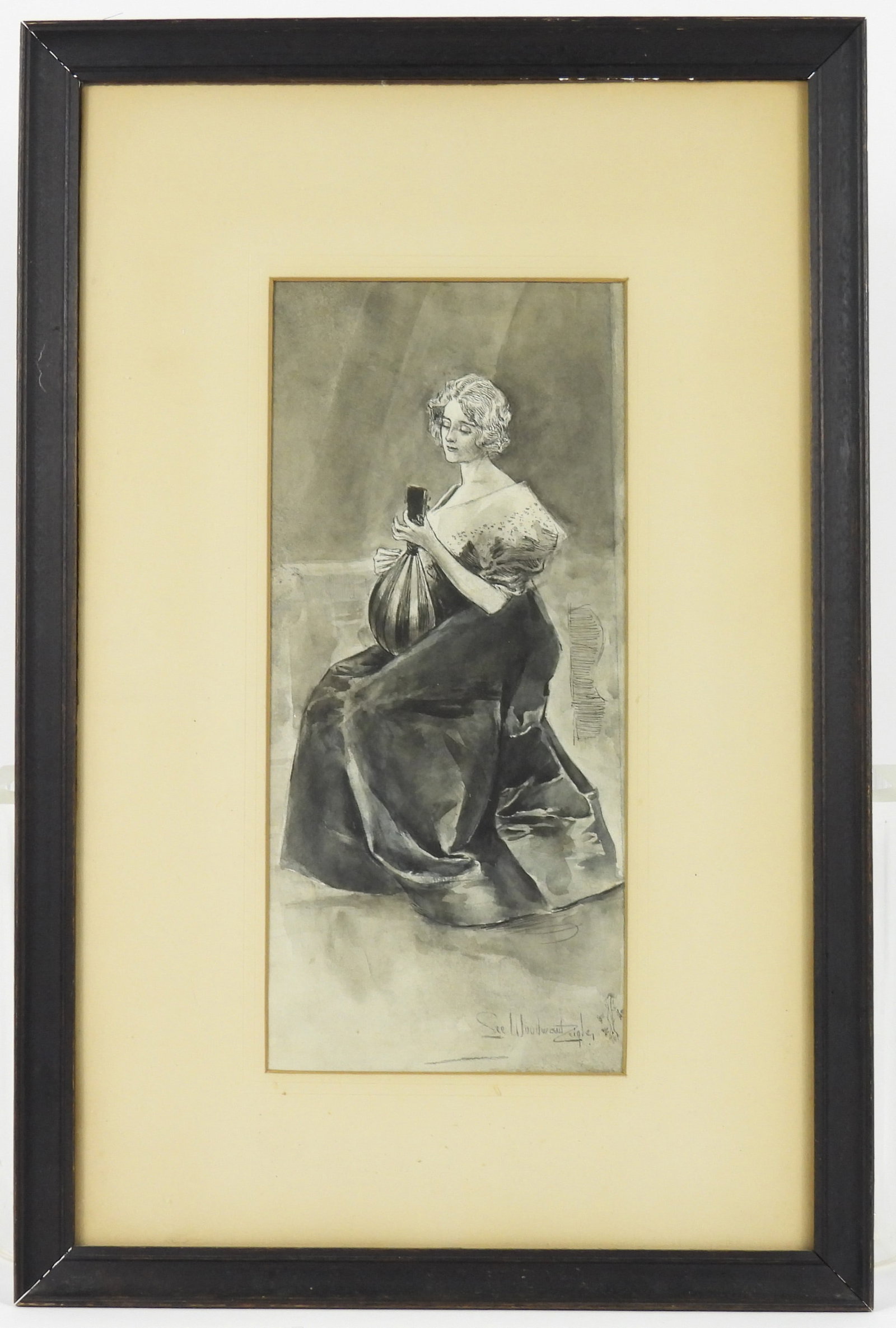 Lee Woodward Zeigler Musician Figure Illustration: Lee Woodward Zeigler, 1868-1952, United States. Illustration of a seated women with a large lace collar playing a mandolin. From the collection of a Plainfield, Connecticut estate. Sight 13" x 5 3/4",