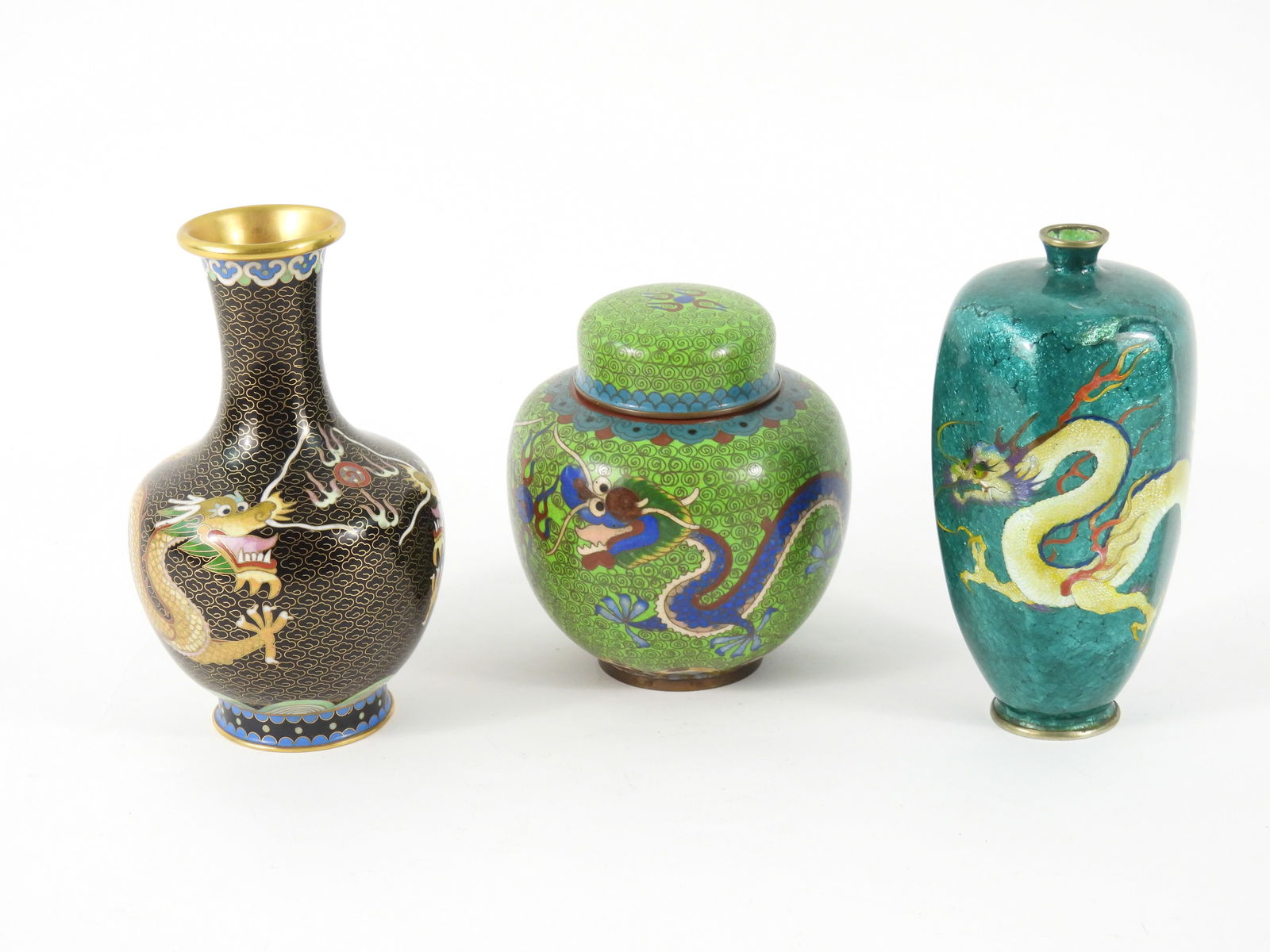 3PC Chinese Cloisonne Enamel Vases & Ginger Jar (1 of 10)