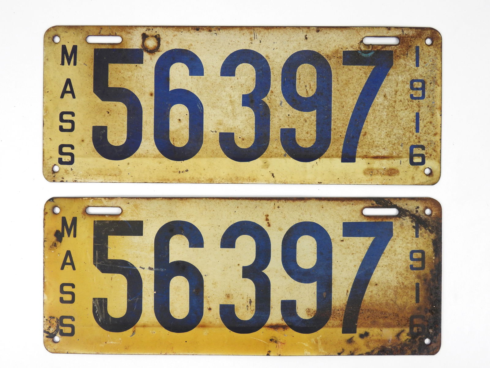 PR 1916 Massachusetts License Plates: Pair of white and blue five digit 56397 car / vehicle license plates with green reverse color. From a Concord, Massachusetts estate. Each 5 1/2" x 14"