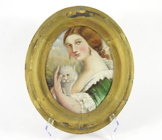 Folk Art Woman Holding A Cat Painting