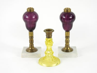 3PC Amethyst Yellow Glass Oil Lamps & Candlestick