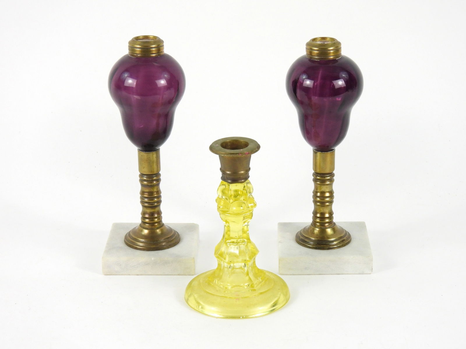 3PC Amethyst Yellow Glass Oil Lamps & Candlestick (1 of 3)