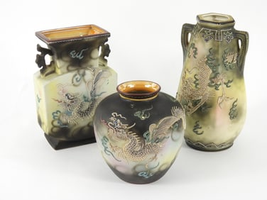 3PC Japanese Ceramic Dragon Vases