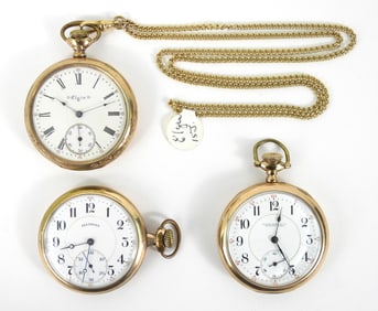 3PC Early 20C Elgin & Illinois Pocket Watches
