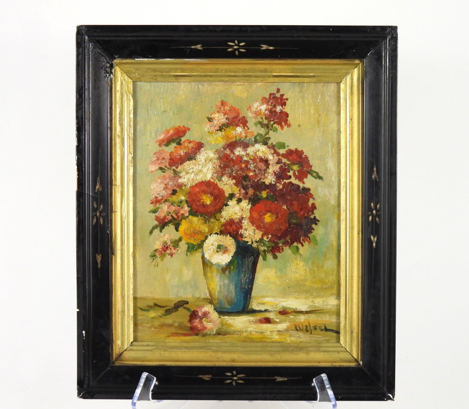 Richard G. Welsch Botanical Still Life Painting: Richard G. Welsch, 20th Century, New York. Impressionist botanical still life depicting a spray of red, yellow, pink, and white assorted flowers arranged in a blue vase. From a Boston, Massachusetts c