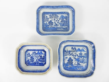 3PC Chinese Export Blue & White Canton Dishes