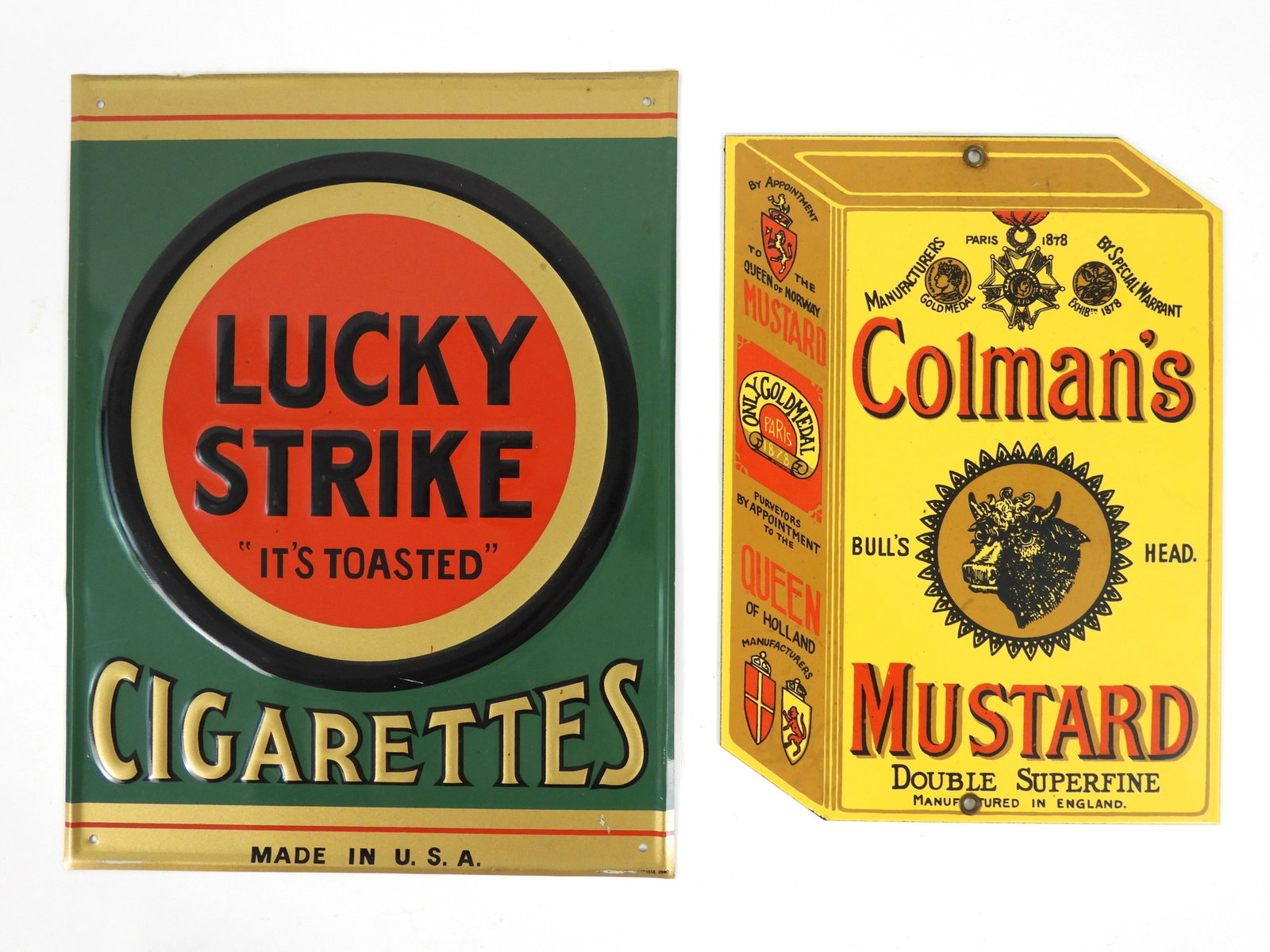 2PC Lucky Strike & Colmans Mustard Signs: United States, England, 20th Century. Includes a Lucky Strike Cigarettes sign as well as a Colman's Mustard sign. From the collection of a Marlborough, Massachusetts estate. Smallest 10 3/4" x 7 7/8",