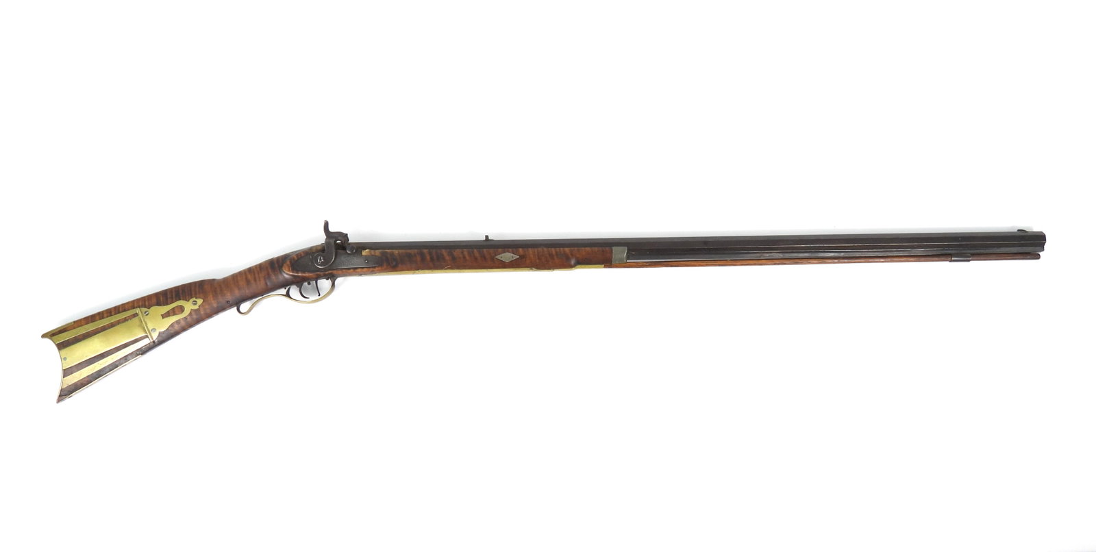 J. Harding Half-stock Kentucky-style Rifle: Approximately .40-caliber, NSN, figured maple stock with a raised cheek piece on the left side of the butt, brass butt plate, patch box, trigger guard, ramrod channel cover, and ramrod pipes, German s