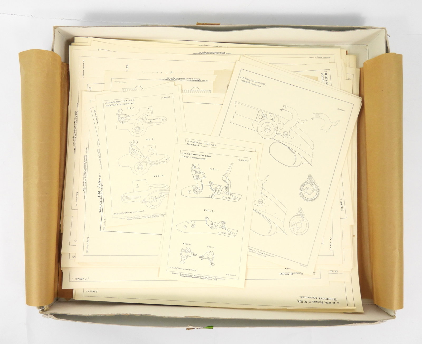Grouping Of English Firearms Patents For The Queen: Lower margin has the following printed "London printed by George Edward Eyre and William Spottiswoode printers to the queens most Excellent Majesty 1854" A very interesting collection of various gun m