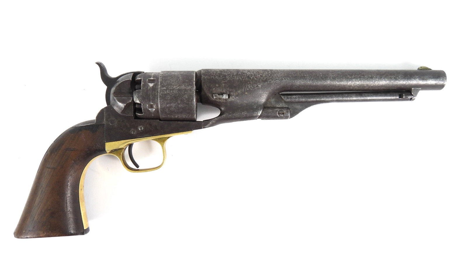 Colt Model 1860 Army Revolver: .44-caliber, serial number 58723 all matching, walnut grip with a cartouche on each side, brass trigger guard, light cylinder scene, marked on the left side of the frame "COLTS/PATENT", with light Col