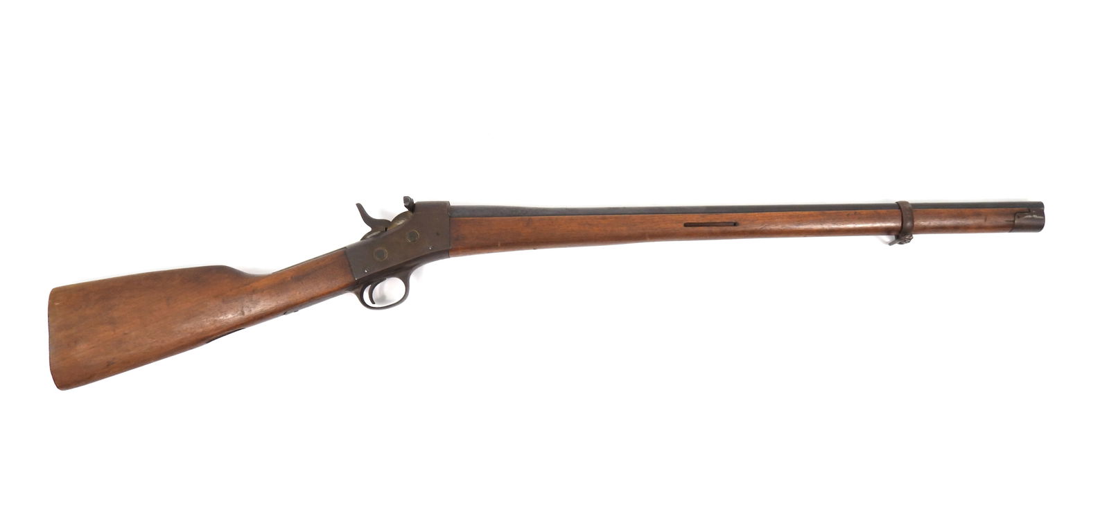 Sporterized Remington Rolling Block Rifle: Antique 7mm cal. with a 25 1/2" bbl. that appears to be a cut down of a two band musket. 40-3/8" overall. Missing sights, rear sling swivel, and butt plate. Breech block is stamped Remington Arms at t