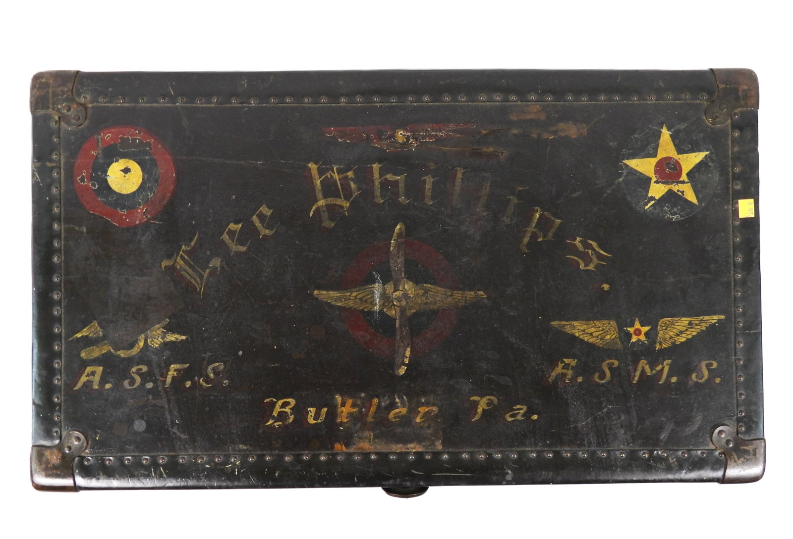 Painted Trunk of WWI US Aviator Lee Phillips: Lid painted with wings and propeller; wing and fuselage insignia, and marked "Lee Phillips/Butler Pa.", with wings and a star and "A.S.M.S."; and wings with a circle and propeller marked "A.S.F.S." Ov