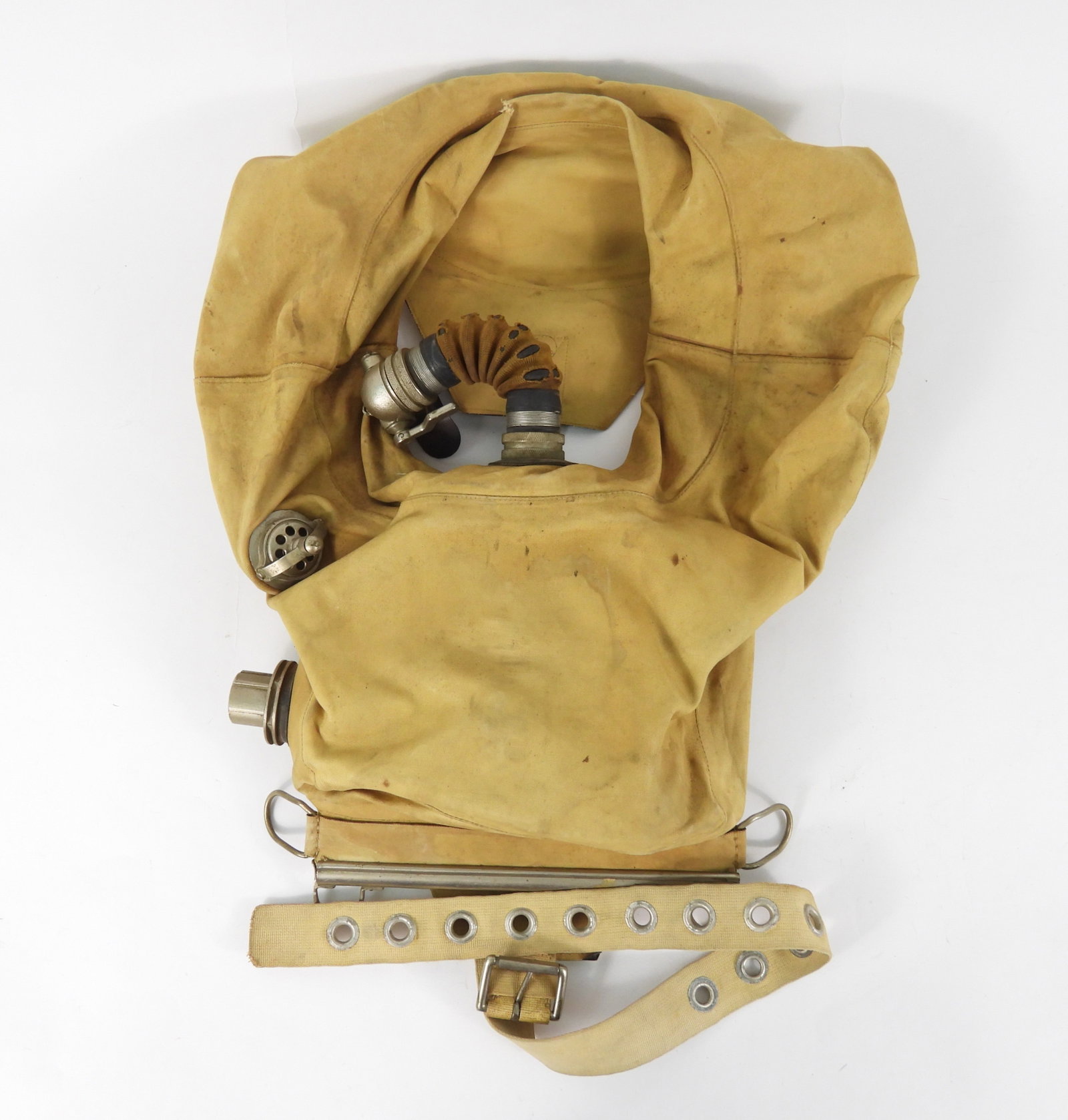WWII German Drager U-Boat Escape Vest: Kriegsmarine emergency buoyancy breathing apparatus U-Boat escape vest. Tan/brown material with an eagle and swastika on the upper left back, breathing apparatus and strap, with an adjustment strap an