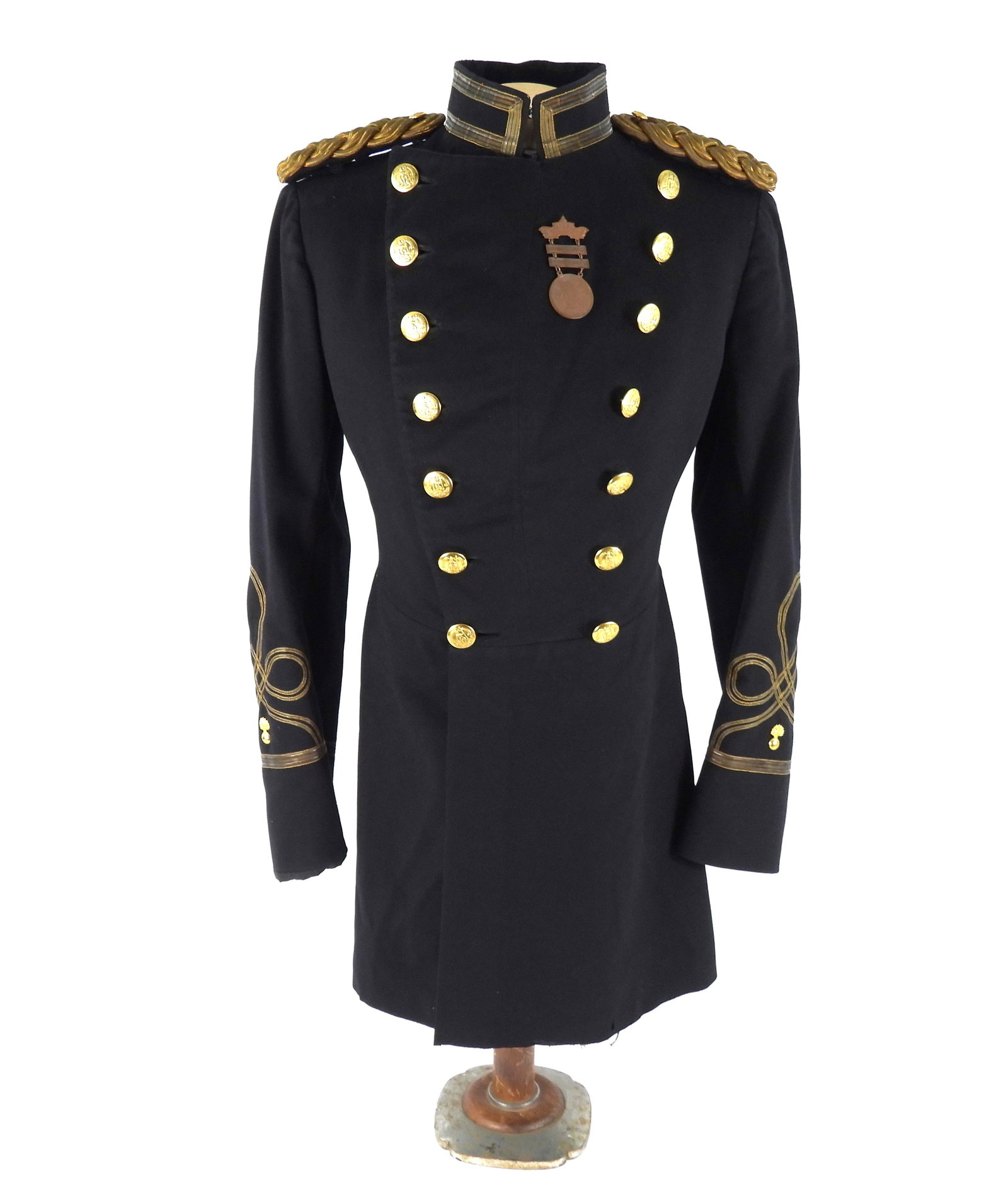 Virginia Double Breasted Militia Officers Coat: Dark blue broadcloth coat with gold metallic lace on the collar and cuffs, small brass bombs on each cuff, gold epaulets, brass Virginia state buttons, with an aluminum dog tag marked "Capt/A.A. Grove
