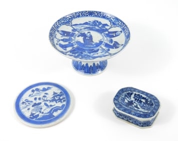3PC Chinese Blue & White Porcelain Table Articles