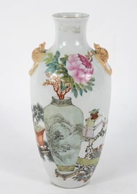 Chinese Botanical Bat Handled Porcelain Vase