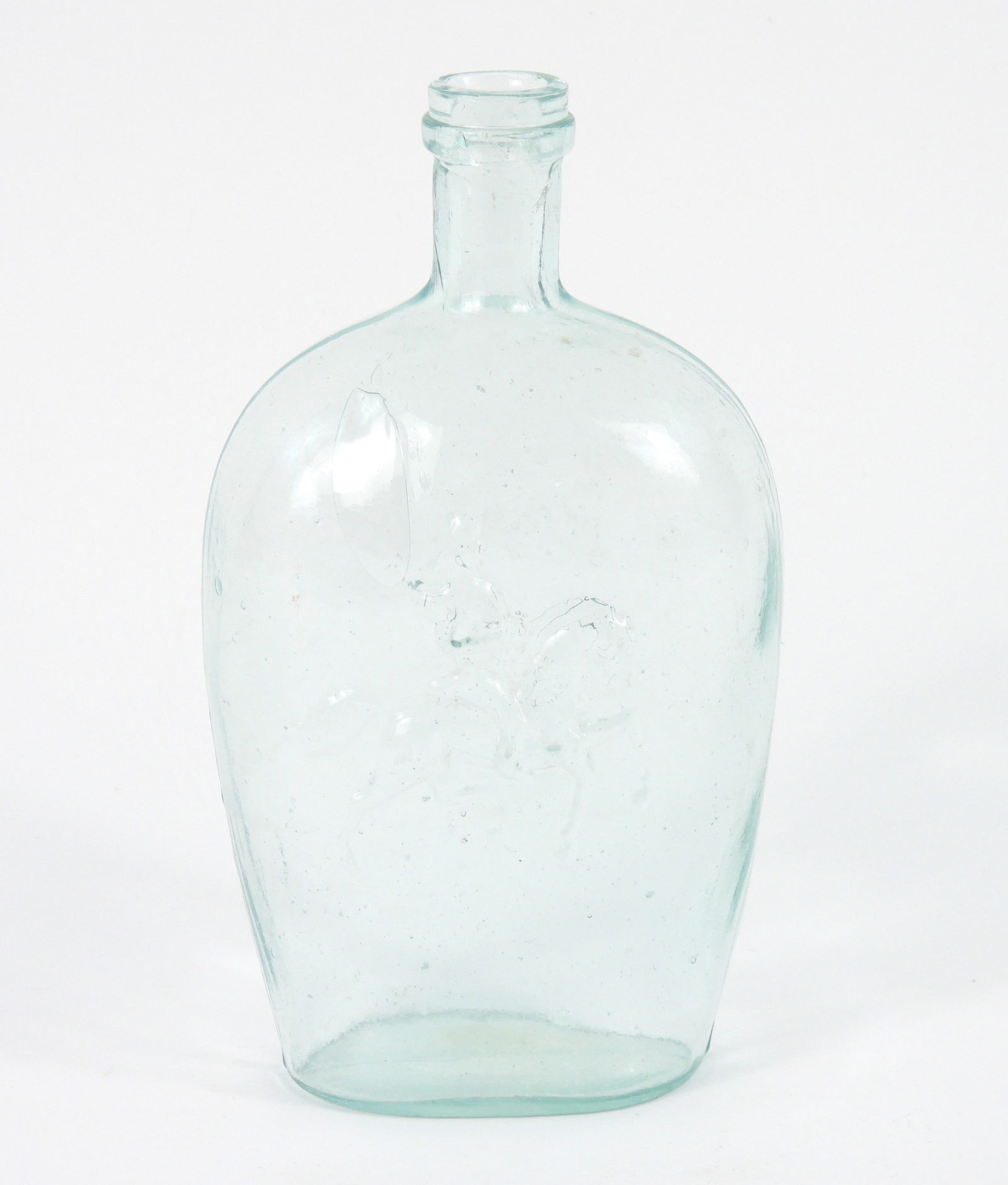 Dragoon Hound Quart Flask: 19th Century, Glass. Aquamarine G-XIII-16 flask. A private collection.