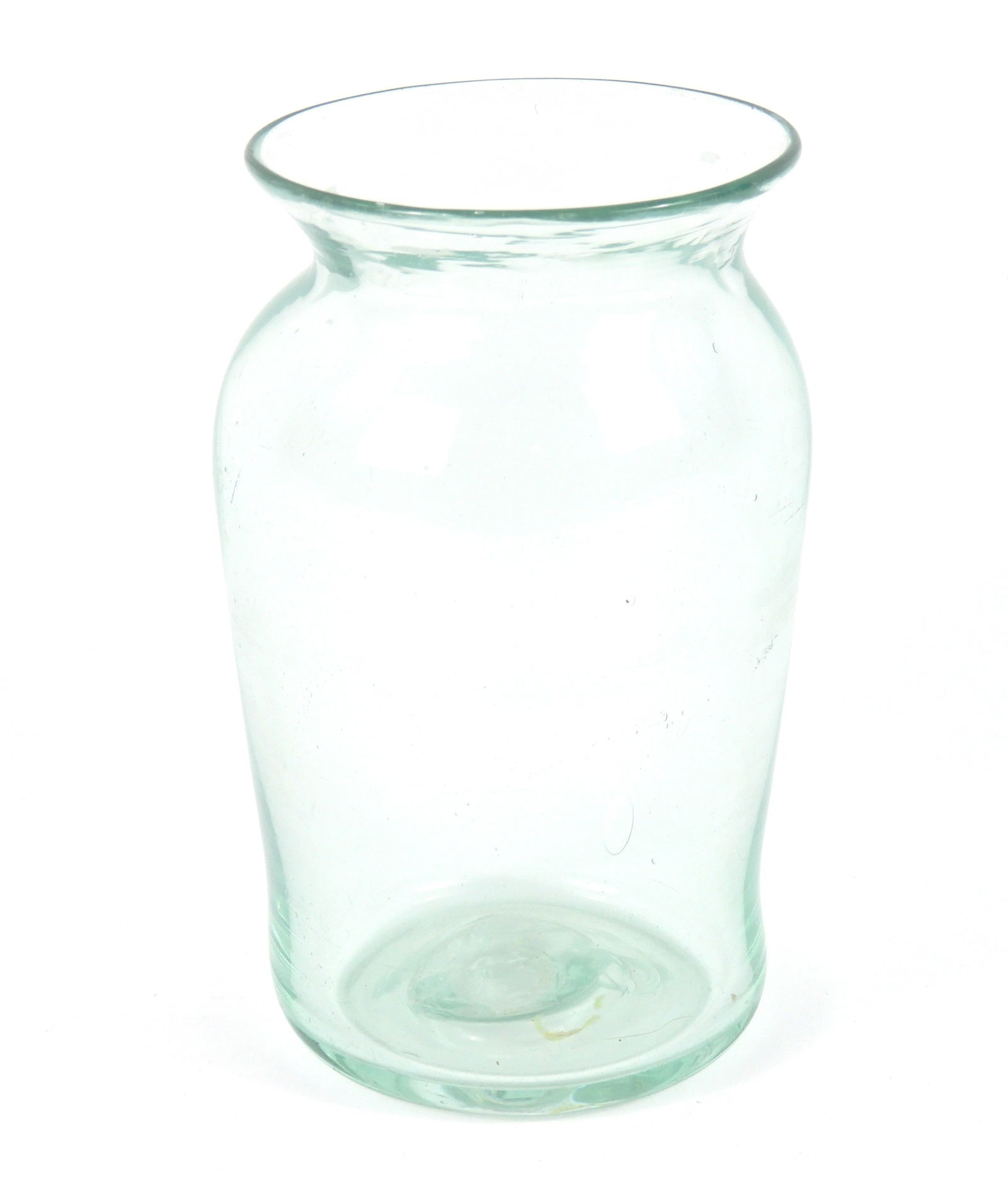 19C Early Wide Mouth Glass Jar: 19th Century, Glass. Aquamarine color with pontil scar. Could be from New York or New Jersey. A private collection.