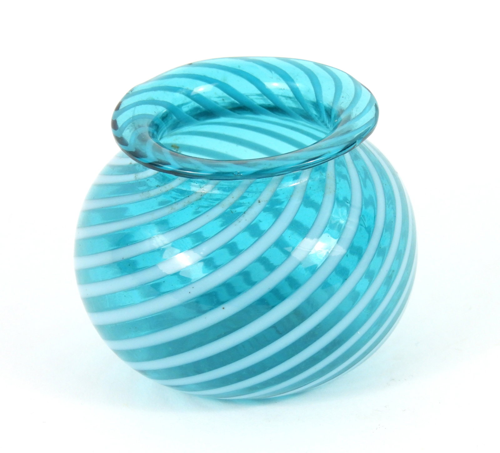 Glass Traveling Leach Bowl: Late 19th Century, Glass. Beautiful deep Aquamarine Blue with White swirls and pontil scar. A private collection.