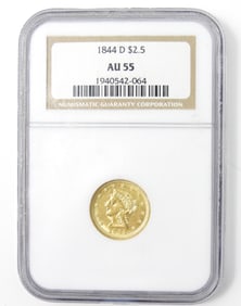 U.S. 1844D Dollar Gold Quarter Eagle Coin NGC AU55