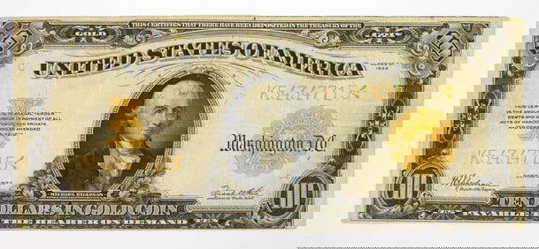 1922 $10 Hillegas Gold Certificate Bank Note