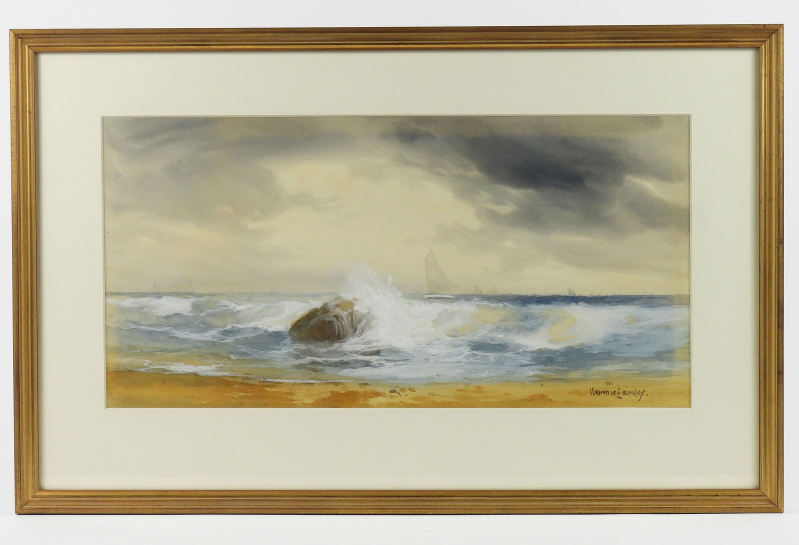 Clarence Braley Beach Landscape WC Painting: Clarence E. Braley, 1854-1927, Massachusetts, Watercolor on paper. Impressionist depiction of waves crashing against a New England beach while boats sail off in the distance. Braley was a New Bedford,