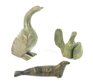 3PC Inuit Carved Soapstone Animal Sculptures