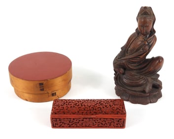 3PC Chinese Carved Wood Guanyin & Boxes