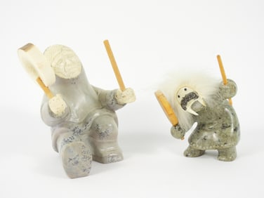 2PC Inuit Carved Stone Drummer Sculptures