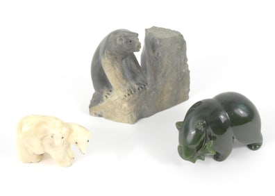 3PC Inuit Carved Stone & Bone Bear Sculptures