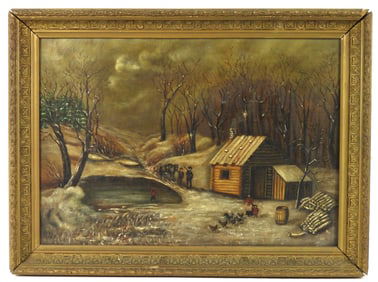 19C Winter Farm Landscape Painting