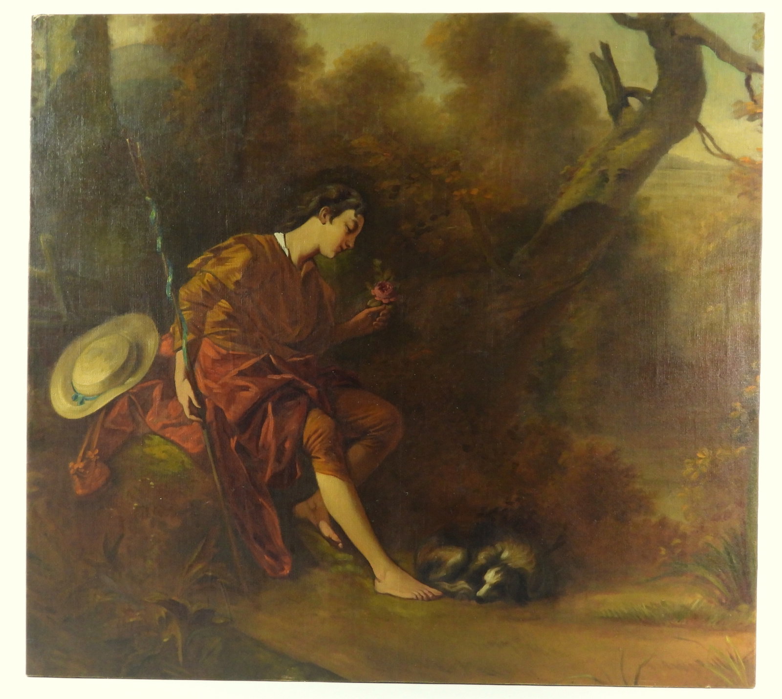 19C Manner Of Boucher French Shepherd Painting: France, 19th Century, Oil on canvas. Landscape depicting a shepherd, possibly of Mercury with a black and white sheep dog resting at his feet. This is most likely one work that comprise a larger mural