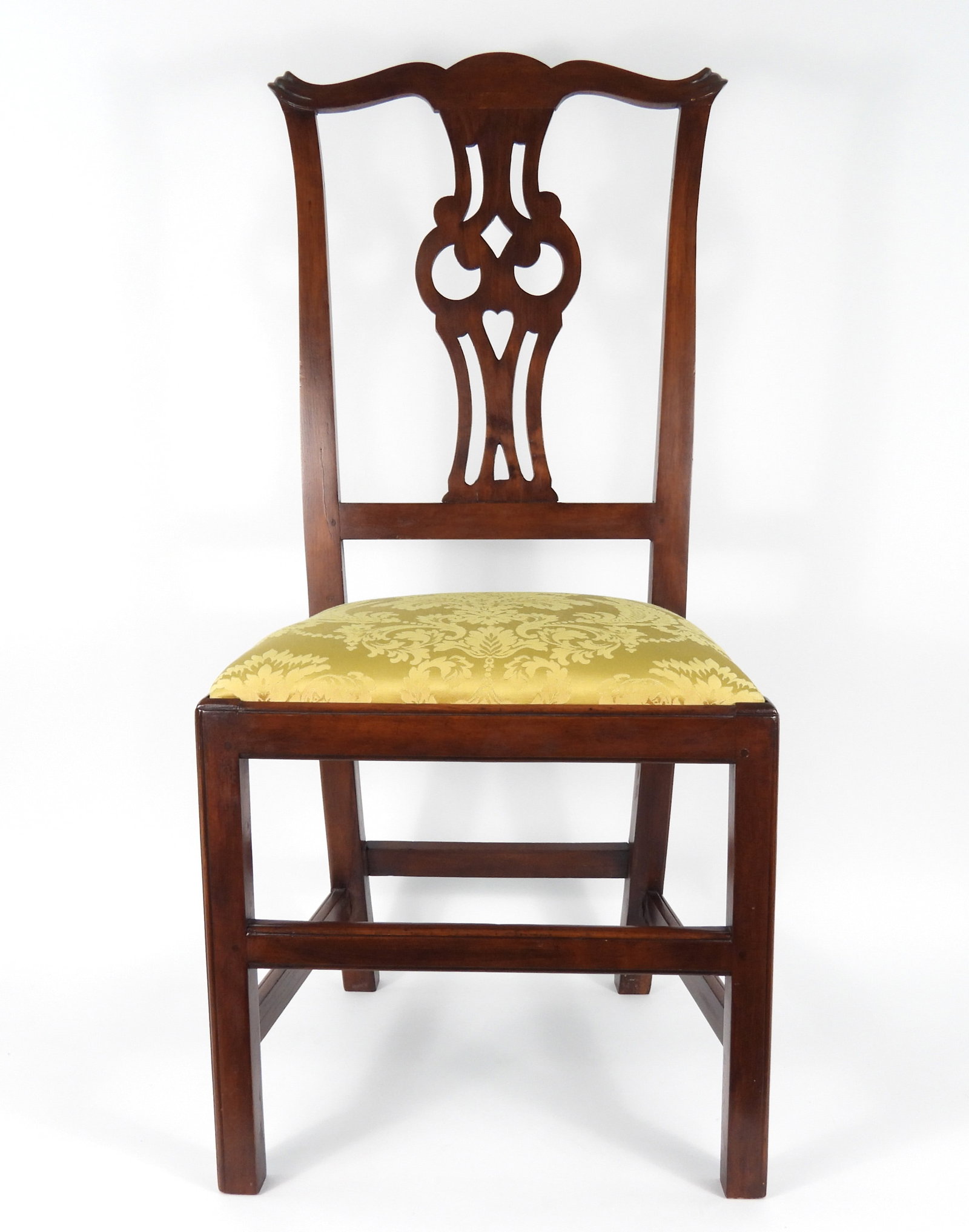 18C Chippendale Owl Eye Side Chair: 18th Century, Wood. Re-upholstered seat with some surface re-finish at crest. A Western Massachusetts collection.