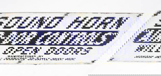 Vintage Air-Dor Controls Sign: Michigan, 20th Century, Metal. Blue and white sign that reads "Sound Horn 'Air-Dor Controls' Will Open Doors". 8" x 24"
