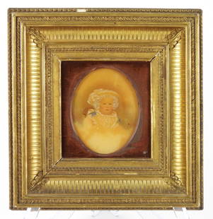 19C H. Jager Child Portrait WC Painting: 19th Century, Watercolor on paper. Portrait of a young girl dressed in lace with blue silk ribbons at their shoulders. The portrait is framed in a well crafted antique gilt frame. Sight 4" x 3",