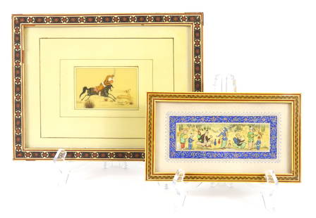 2PC Indian Miniature Bone Paintings: India, Late 19th-Early 20th Century, Paint on bone. Includes a depiction of performers playing instruments while a woman dances, and a hunting scene depicting a man on horseback chasing a gazelle.